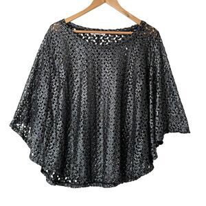 Quintessential Crochet Poncho Top 2X Open Knit Metallic Kimono Sleeves Festival